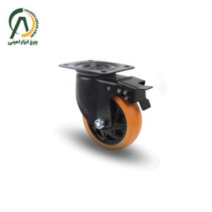 چرخ پلی آمید نارنجی پایه مشکی گردان ترمزدار قطر 200،150،125،100،75 میلی متر